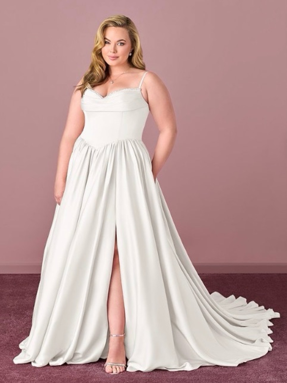 Azazie Barbie Ivory Sweetheart Satin A-Line Gown with Front Slit